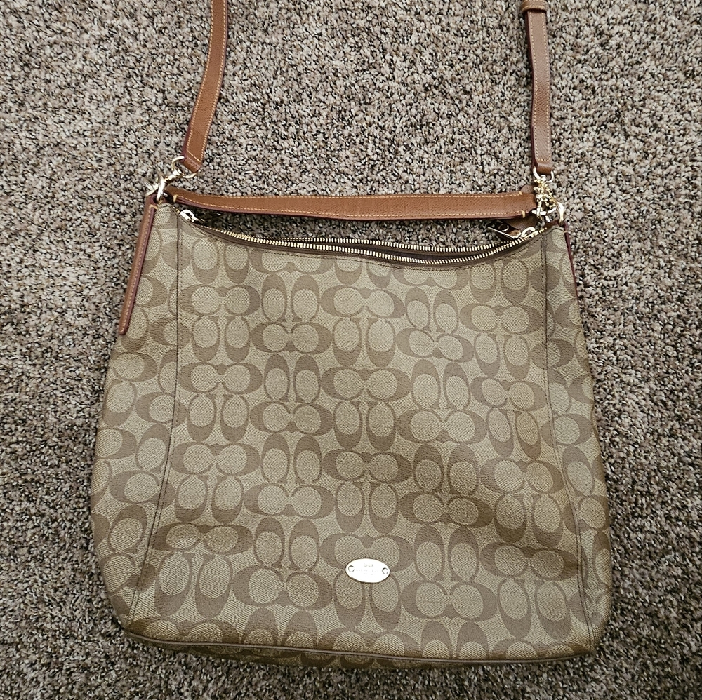 Coach Bucket Bag Purse in Signature Coated Canvas. Brown CC Design. Two Straps